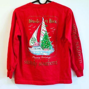 Simply Southern Christmas T-Shirt Spell Out Boat Nauti Nice Preppy Red Small
